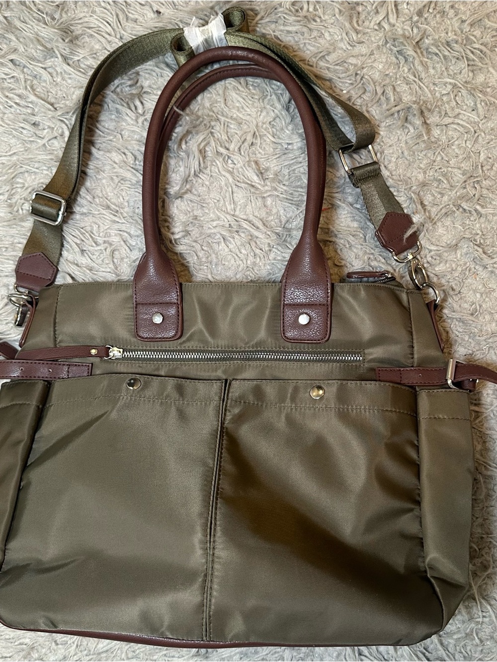 Olive Green Nylon Tote with Brown Trim - Men's Shoulder & Hand Bag